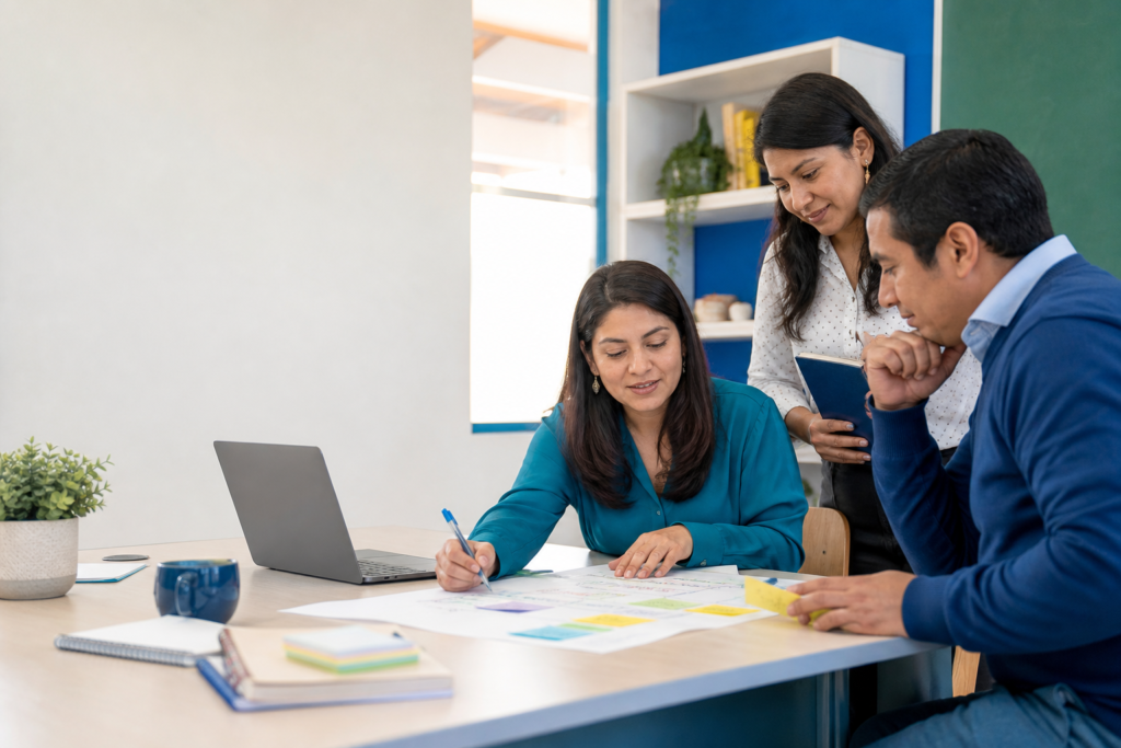 Tres docentes colaboran en la planificación de un proyecto de innovación educativa.