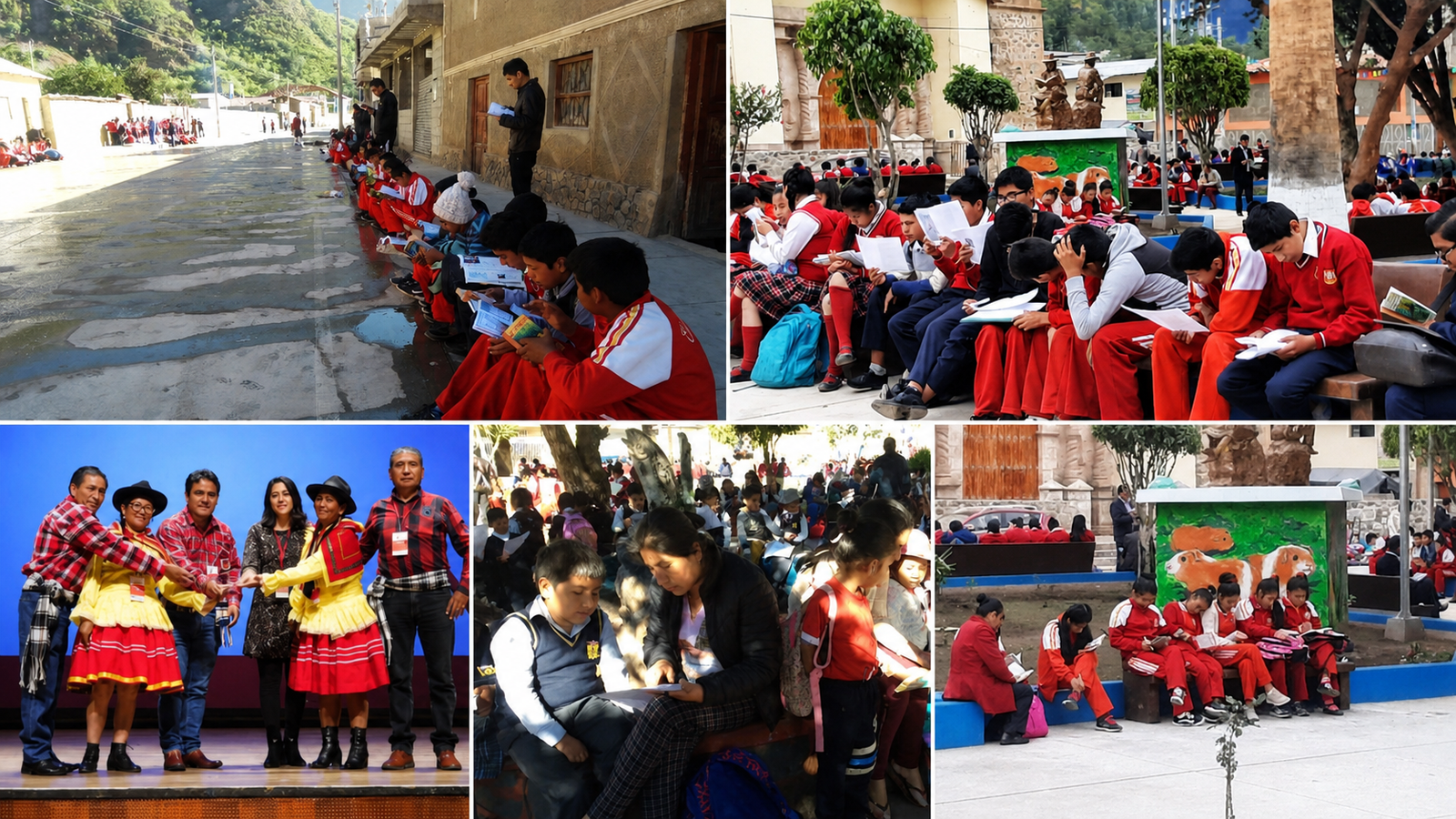 Collage del proyecto Silencio, Vilcabambinos leyendo con estudiantes y familias participando en jornadas de lectura