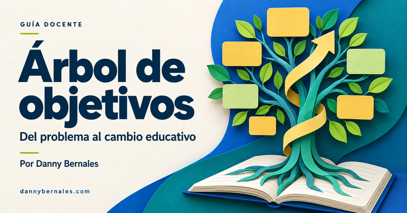 Árbol de objetivos: del problema al cambio educativo, por Danny Bernales. Árbol de tarjetas de colores sobre un cuaderno abierto.